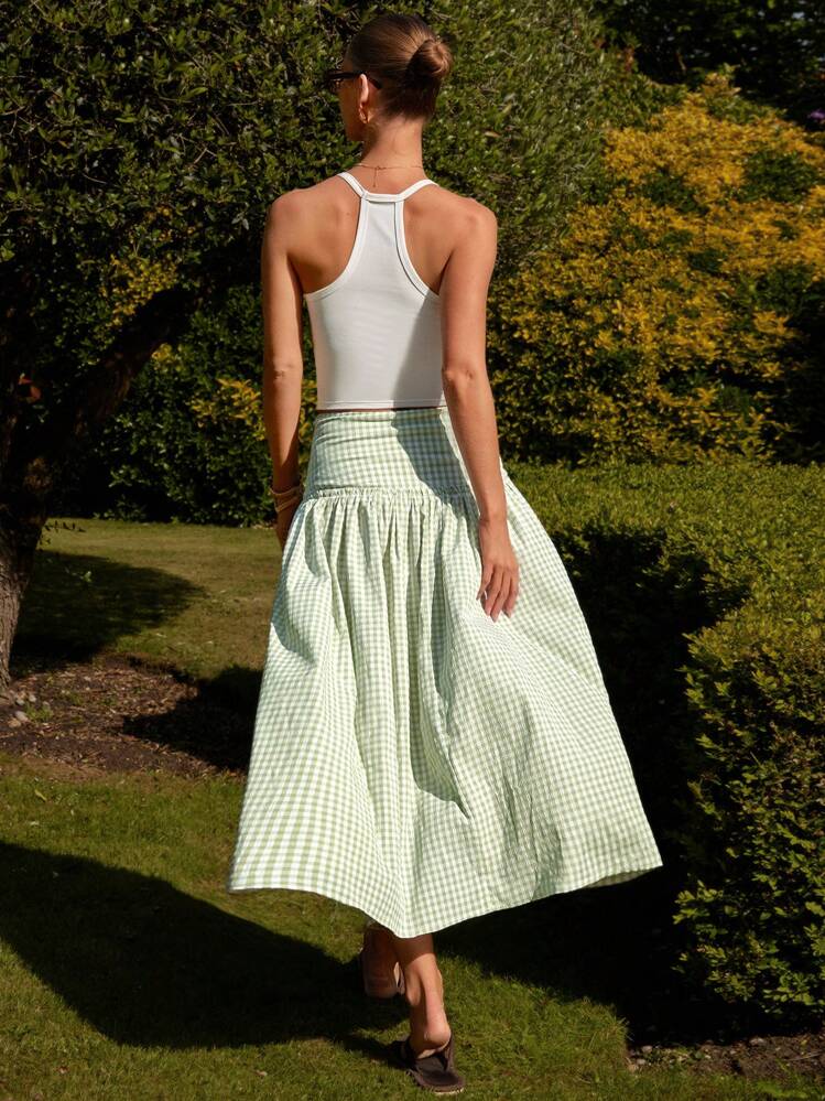 Jupe évasée à imprimé floral longue avec taille large, style campagne et vacances, été - Vert - Voir 7