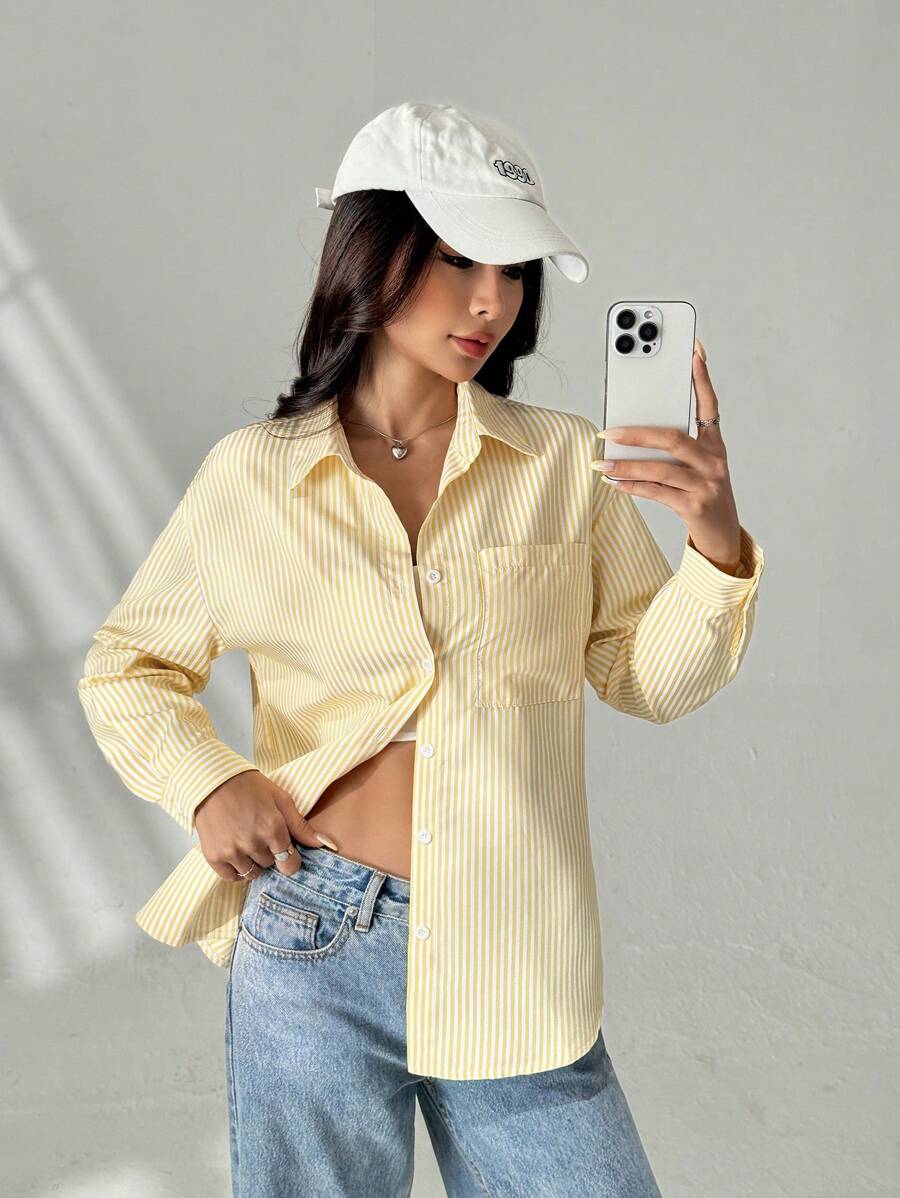 SHEIN PETITE 条纹印花落肩前口袋休闲衬衫 - 黃色 - 查看 1