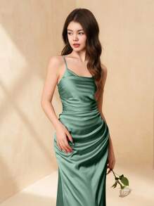 SHEIN Wedding Season Flower Girl & Teen Girls Elegant Satin Ruffle Thigh Slit Bridesmaid Dress, Formal Gown For Prom, Birthday Party, Wedding Fall Winter