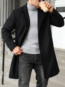 Manfinity Homme Plus Size Men Solid Color Lapel Neck Single Breasted Overcoat, Men's Black Coat, For Fall Winter