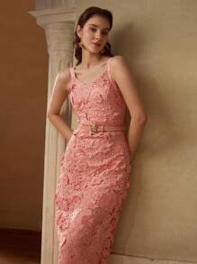 MOTF PREMIUM BELTED APPLIQUES CAMI DRESS - Watermelon Pink - View 3