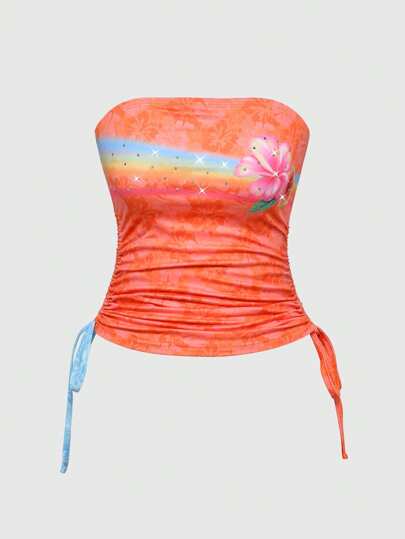 ROMWE Avant Women's Hibiscus Flower & Rhinestone Embellished Bandeau Top For Vacation/Holiday