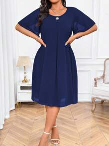 EMERY ROSE Plus Size Women Navy Blue Casual Elegant Round Neck Loose A-Line Flowy Ruffle Sleeve Decorative Button Chiffon Dress, Summer - Navy Blue - View 6