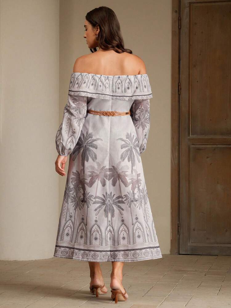 Ladies' Plus Size Spring/Summer One Shoulder Long Sleeved Waist Cinched Vacation Floral Coconut Tree Plus Size Dress With Belt Decoration