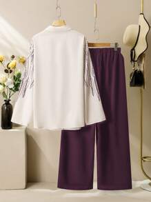 Lacomfia 2 pièces Ensemble décontracté élégant avec imprimé graphique pour femmes grandes tailles, pratique pour les navetteurs