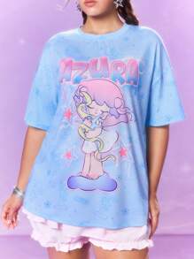 Pop Mart Azura X SHEIN Plus Size Cartoon Anime Pattern Blue Round Neck Short Sleeve T-Shirt, Fall School Y2k Top, Street Wear Vintage Graphic Tees