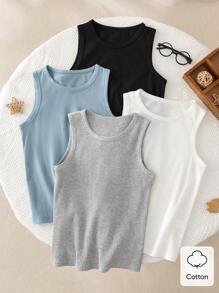 4 piezas Camiseta sin mangas de cuello redondo casual para niños, fabricada con tejido de algodón rastreable suave en blanco, negro, azul claro y gris claro, corte holgado adecuado para el verano, camisetas básicas - Multicolor - Ver 1