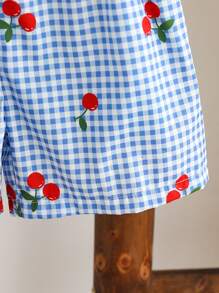 Girls (Small) Cute Plaid, Cherry Print Camisole Top & Casual Print Shorts Set, Suitable For Holiday, Summer