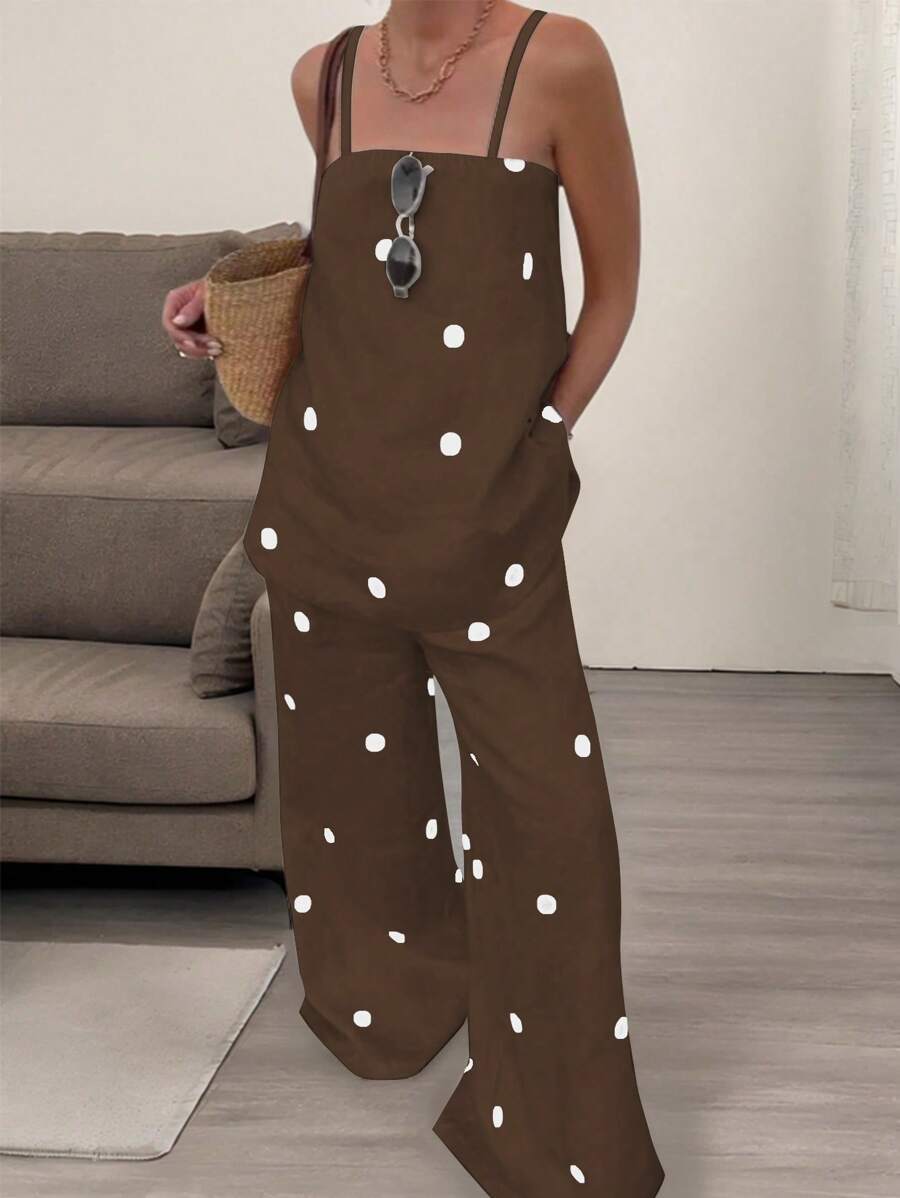INAWLY Women's Minimalist Polka Dot 2 Pieces Set, Spring/Summer - Coffee Brown - View 1