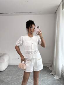 Elenzga 2pcs Women High Waist Shorts & Puff Sleeve Blouse Set, Elegant - White - View 1