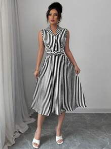 SHEIN PETITE Vestido de mujer elegante a media pierna sin mangas con cintura ceñida y rayas, para primavera/verano