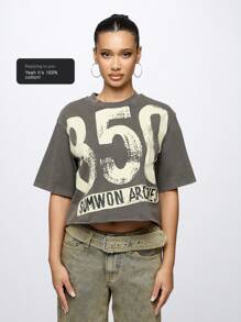 SUMWON WOMEN 超大号都市街头风格图案 T 恤，带数字印花，个性 T 恤，做旧复古水洗酷炫设计，节日音乐会休闲装