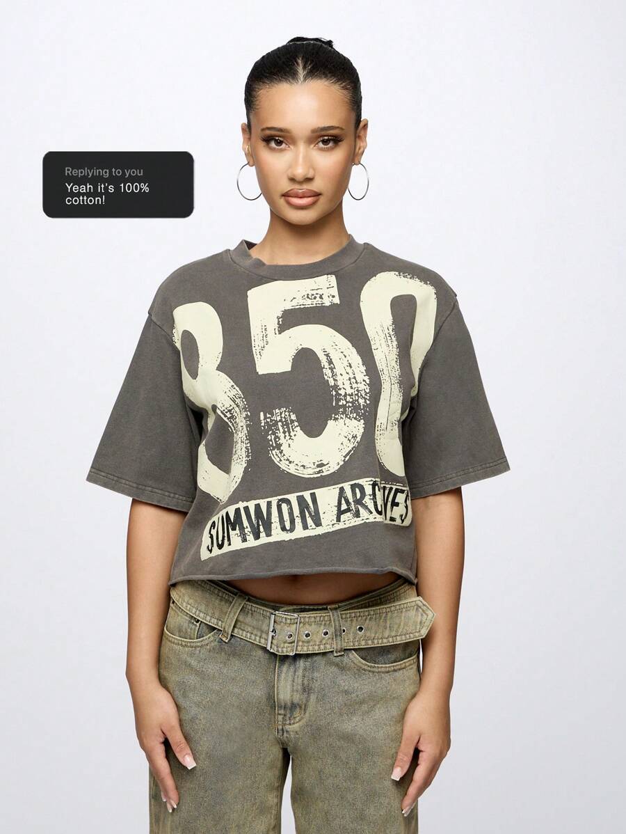 SUMWON WOMEN Oversized Urban Street Style Graphic T Shirt With Number Print Statement Tee Distressed Vintage Washed Cool Design Festival Concert Casual Wear