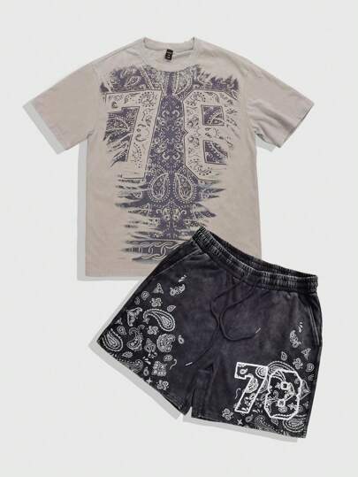 Street Life Conjunto de camiseta de manga corta de cuello redondo y shorts con cordón de cintura en estampado de nuez de cajú para hombre, de estilo casual