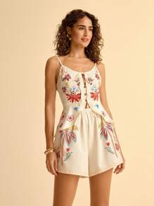 CAJUNI Vacation Casual Colorful Floral & Bird Print Tie-Up Ruffle Hem Women Tank Top - Multicolor - View 5