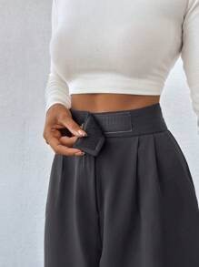 SHEIN PETITE Cone Shaped Women Suit Pants With Detailed Waist - Dark Grey - View 4