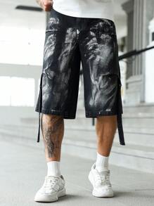 Manfinity LEGND 男士休闲街头日常装纽扣式牛仔百慕大短裤 - 黑色 - 查看 1