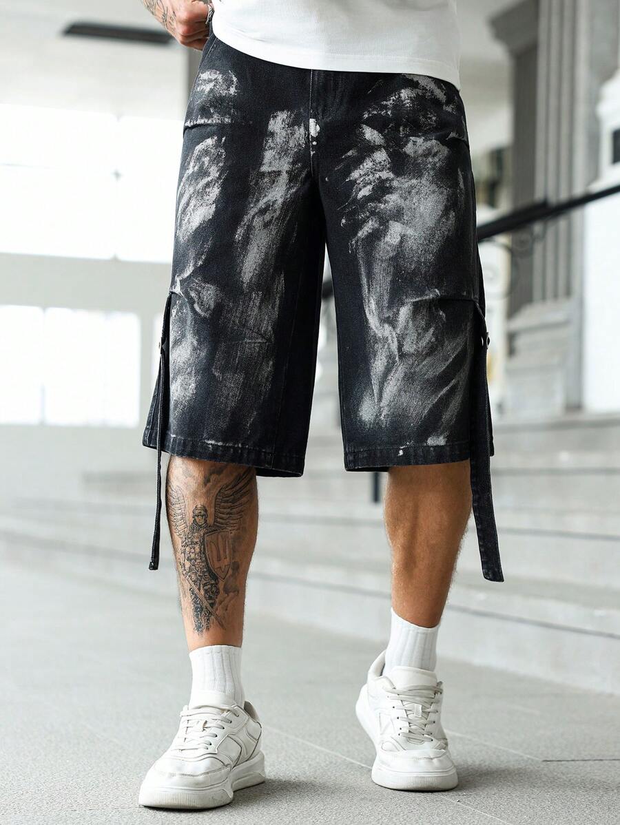 Manfinity LEGND 男士休闲街头日常装纽扣式牛仔百慕大短裤 - 黑色 - 查看 1