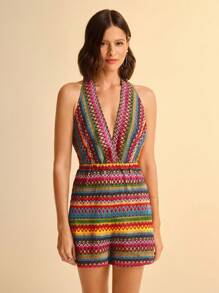 CAJUNI 女式波西米亚风格度假休闲沙滩V领无袖短款条纹连体裤，夏季 - 彩色 - 查看 6