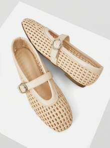 MOTF 方头编织芭蕾玛丽珍平底鞋，镂空，透气，舒适，优雅，时尚，适合女士，春夏 - 杏色 - 查看 4