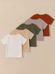 SHEIN Playful Pals 5pcs/Set Kaos Putih Sederhana untuk Anak Laki-laki, Nyaman untuk Musim Semi & Musim Panas, Kaos Bayi - MultiWarna - View 2