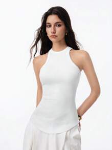 LYSMO Camiseta de punto de canalé lisa y sencilla para mujer para uso casual diario - Blanco - Ver 3