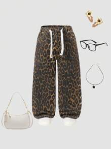 女童复古宽松可调节腰部咖啡色豹纹休闲牛仔阔腿裤