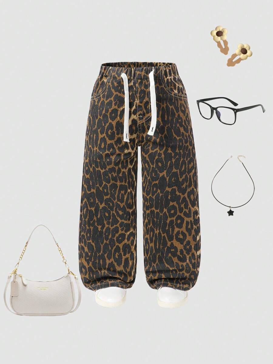 女童复古宽松可调节腰部咖啡色豹纹休闲牛仔阔腿裤