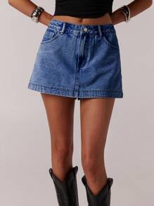 SHEIN Forever 21 Váy mini denim rách phong cách đường phố cổ điển cho nữ, mùa xuân - Rửa tối - Xem 7