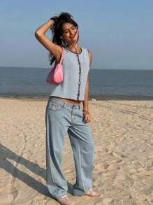 Jouncy Women's Casual Contrast Binding Button-Front Sleeveless Knit Top