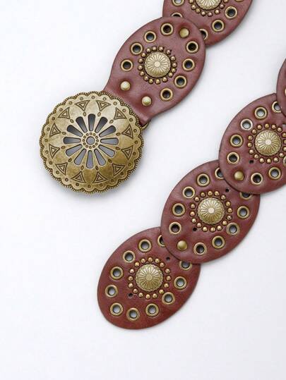 Hippie 1 pieza Cinturón de vestir boho western con accesorio de ojal metálico, flor hueca, remache tipo seta y adorno circular marrón, versátil para uso diario
