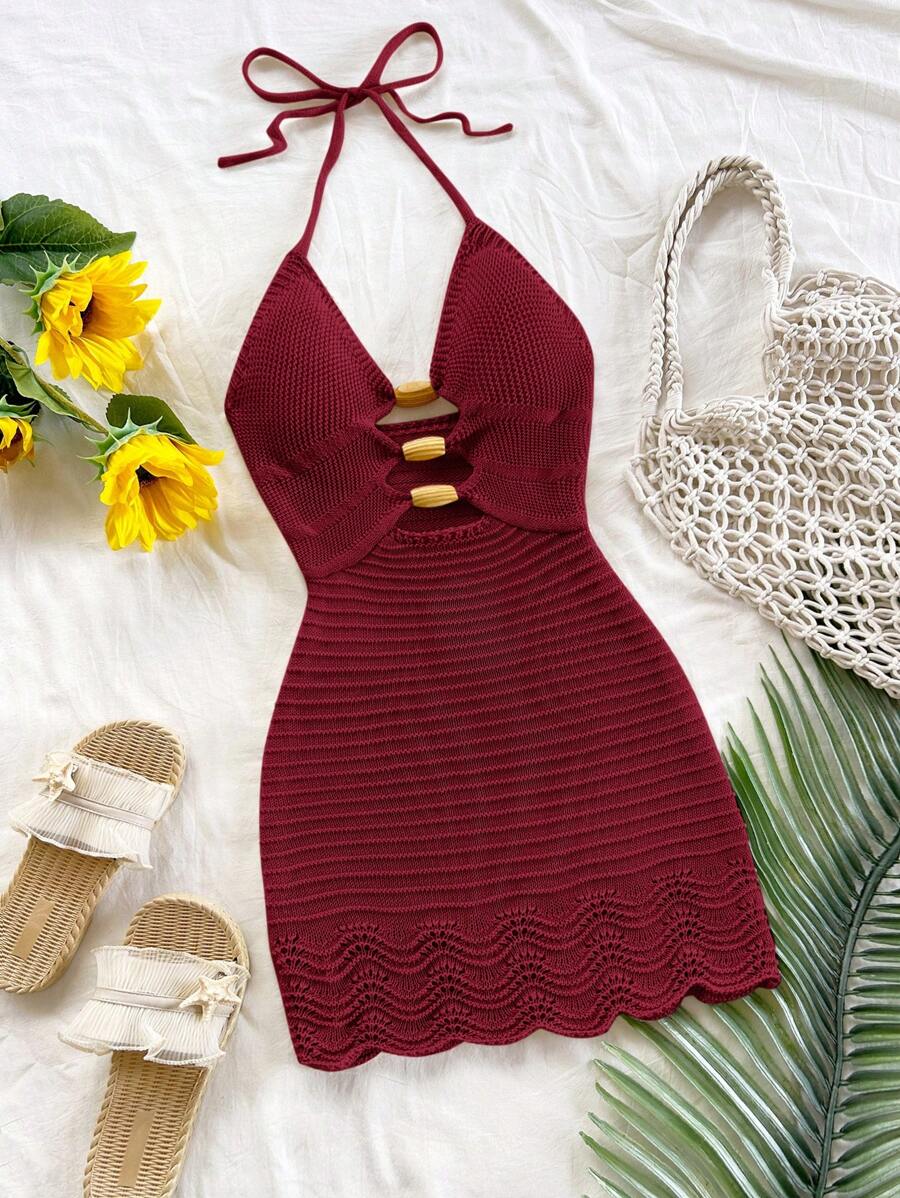 Soleia Vestido de punto de tirantes con cuentas de madera huecas decorado, conjunto sexy de vacaciones de verano para fiesta, cita, playa, crucero, vacaciones, festival de música, estilo bohemio
