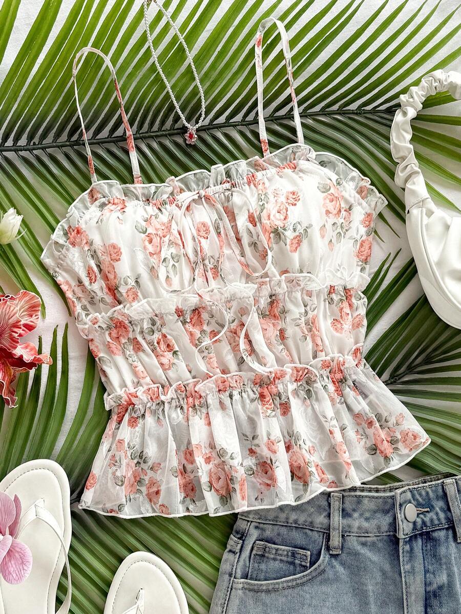 Soleia Romantic Floral Mesh Camisole Top For Vacation Floral Tank Top Floral Cami Top Smocked Floral Top Ruffle Floral Top Summer Floral Top Summer Top Smocked Top Ruffle Top Floral Ruffle Top Back To School, Back To School Season, Graduation Season Ruffle Cami Top Blouse Summer Summer Women Tops Summer Tops Summer Tops Women Strapless Top Summer Blouse Valentine's Day Outfit Ideas Smocked Cami Top - Multicolor - View 1
