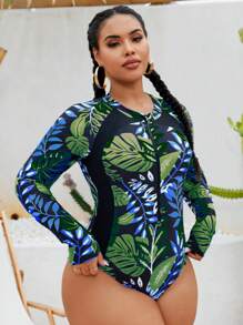 Swim SPRTY Plus Size Women One Piece Zip Up Front Random Print Long Sleeve Slimming Jumpsuit Rash Guard Swimsuit For Beach Holiday Pool Swimming For Summer Beach Vacation - Multicolor - View 4