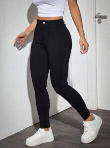 SHEIN PETITE Women's Solid Color Casual Trousers, Suitable For Summer Fall, Black Pants For Women