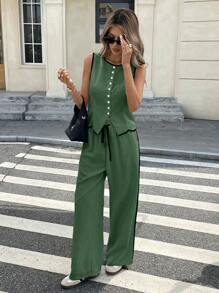 Siren Gaze Set de 2 piezas para mujer: top sin mangas con ribete de contraste y pantalones anchos con cintura con cordón, informal para verano