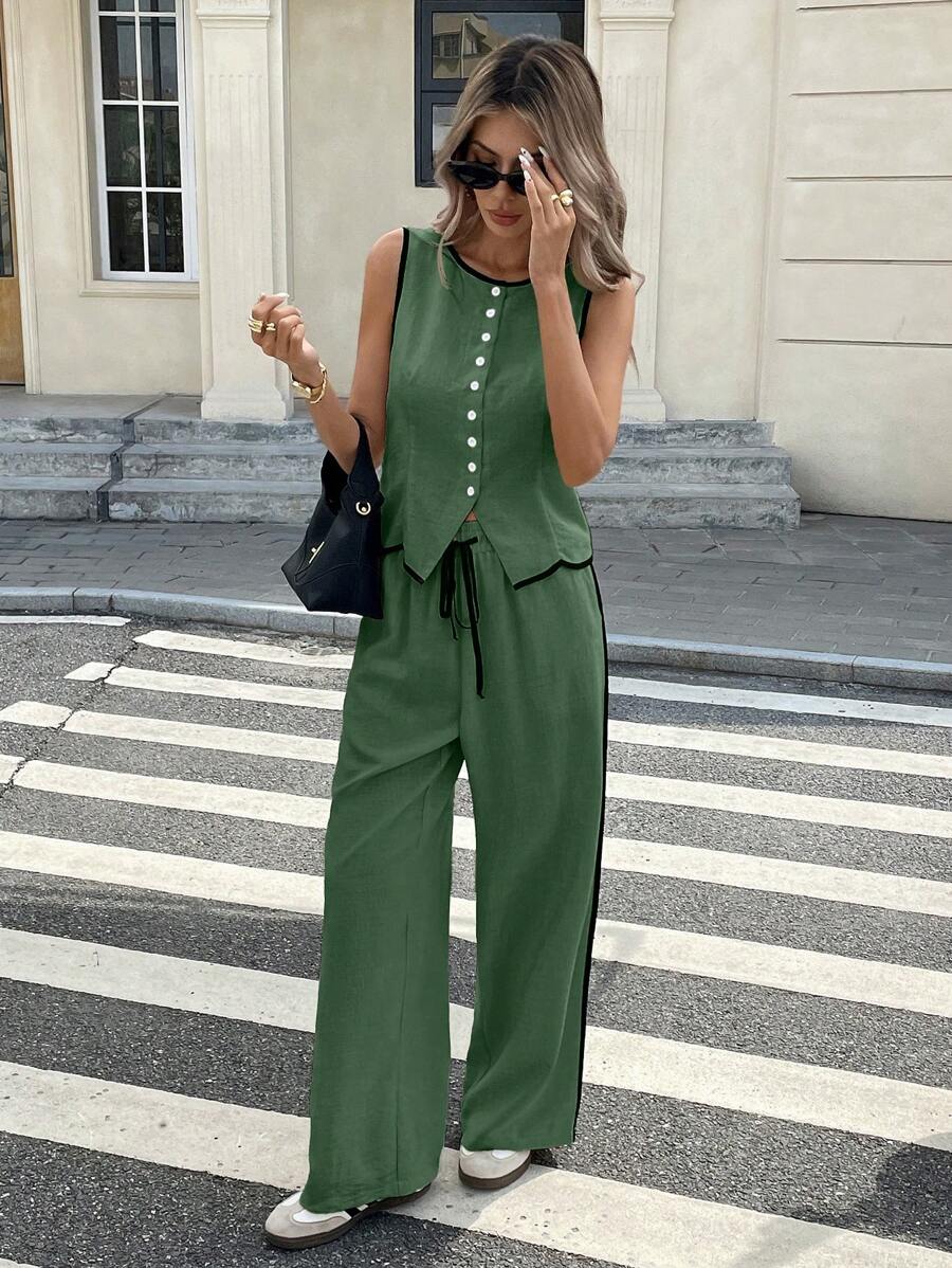 Siren Gaze Set de 2 piezas para mujer: top sin mangas con ribete de contraste y pantalones anchos con cintura con cordón, informal para verano