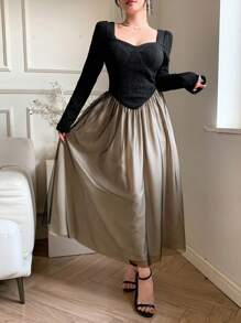 DAZY Women's Textured Fabric Color Block Mesh Splice A-Line Knee-Length Dress, Suitable For Date Night Outfit,Fall Dress Long Sleeve Dress