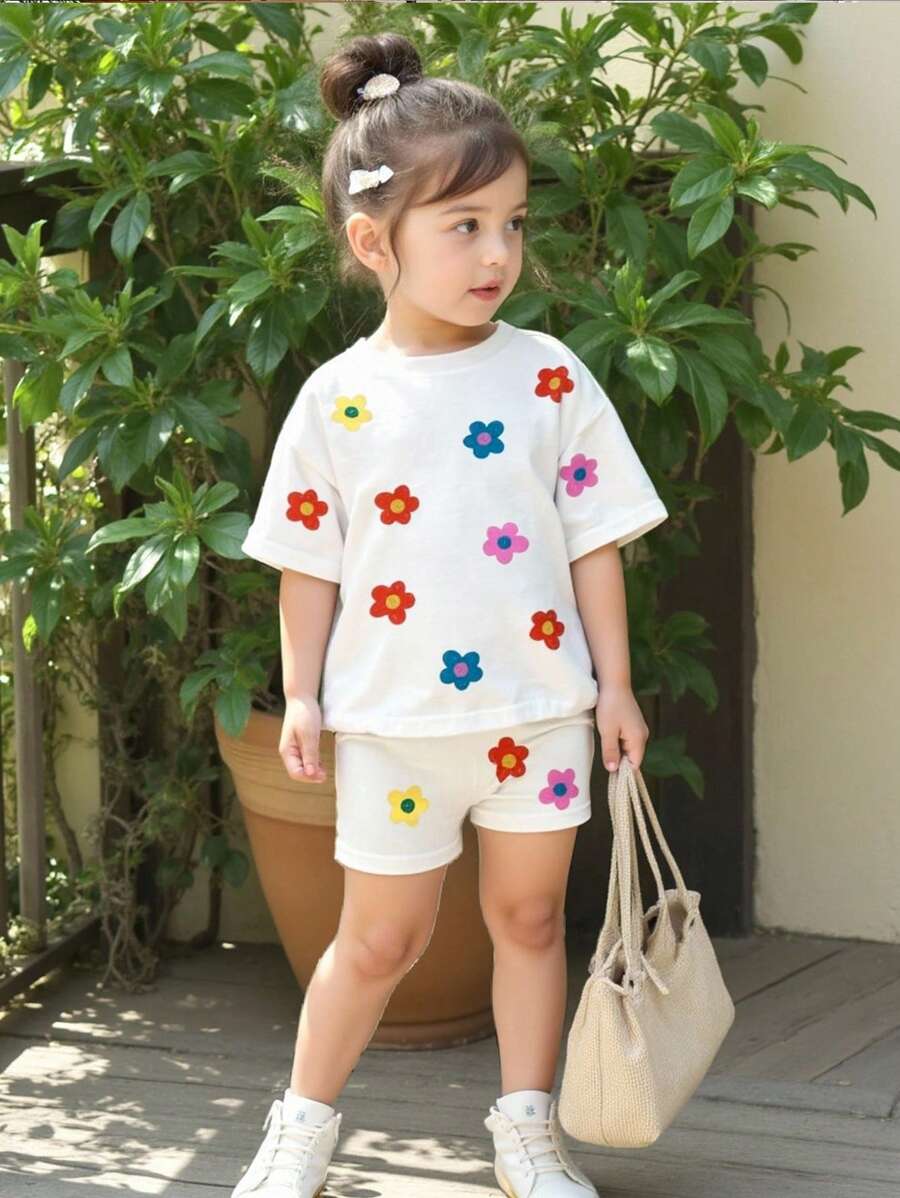 婴幼儿女童休闲舒适时尚简约花卉印花短袖 T 恤和短裤套装，春夏 - 彩色 - 查看 1