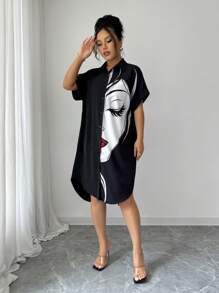 SHEIN Unity 肖像印花前扣休闲夏季短袖连衣裙 - 彩色 - 查看 3