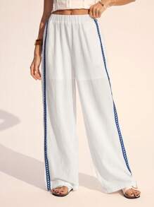 SHEIN Tall Women's Casual Eyes Embroidered Lace Panel Wide Leg Loose Pants