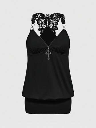 Goth Robe élégante avec col croisé en dentelle et dos nu, style rétro Y2K