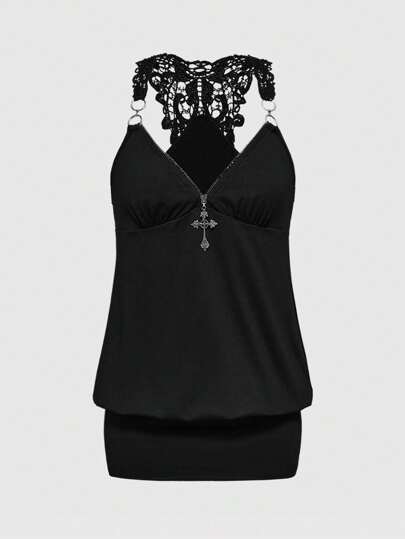 Goth Vestido elegante de cuello cruzado con encaje y detalles calados en la espalda, estilo retro Y2K