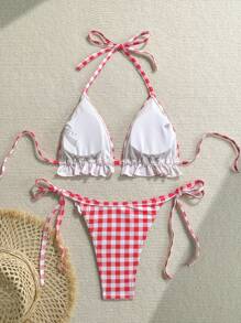 Soleia Bohemian, Boho, romantischer Blumen, Urlaub, Blumen 2-teiliges Damen Gingham Muster Spitze Patchwork Schleife Dekor Badeanzug Set für den Urlaub, süß, Kawaii Off-Shoulder Weihnachts-Oberteil für Schulrückkehr-Outfits Frauen, Schulrückkehr Frauenkleidung für den Herbst, Goth Frauenkleidung, Club-Outfits für Frauen, sexy Halloween-Kostüme, Ausgehoutfits, Konzertoutfits, Country-Konzertoutfit