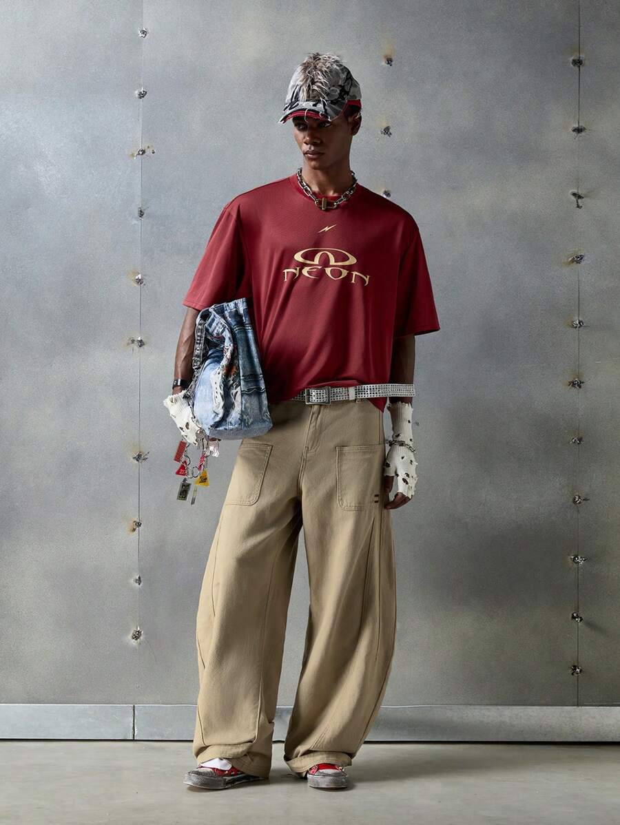 NEON BLANC Men's Street Fashion Woven Embroidered Pocket Letter Print Barrel Leg Baggy Pants - Khaki - View 1