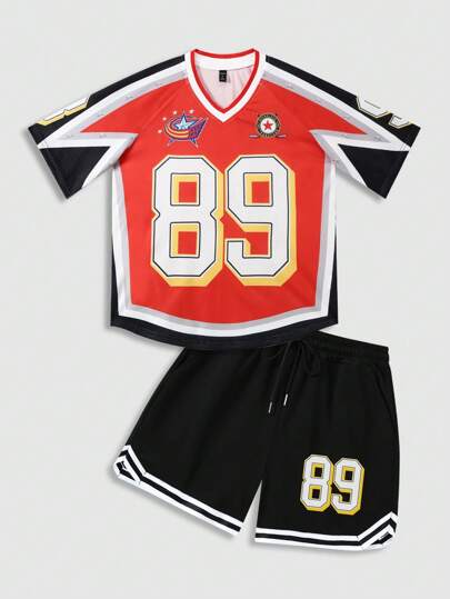 Street Life Set de 2 piezas de camiseta y pantalones cortos deportivos con número de estilo callejero para hombres, adecuado para primavera/verano