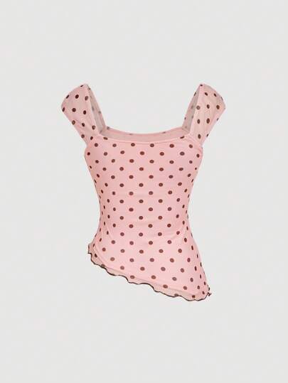 SHEIN MOD Áo nữ chấm bi, in họa tiết nơ, kiểu dáng bất đối xứng, xếp ly, chất liệu lưới.