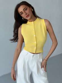 Aloruh 年轻女士休闲无袖针织上衣，黄色，适合春夏季度假 - 黃色 - 查看 7