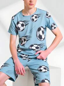 Set de 2 piezas de camiseta de manga corta con estampado gráfico de fútbol y pantalones cortos casuales ajustados para adolescentes varones