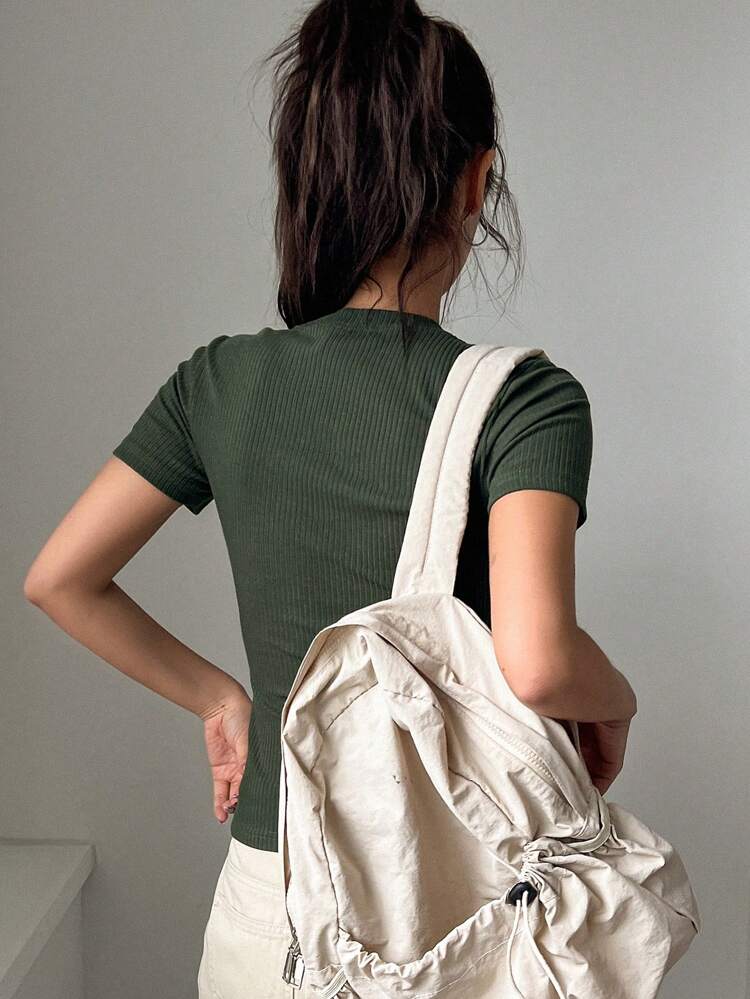 Women Fashionable Slim Fit Solid Color Short Sleeve T-Shirt Preppy Tops